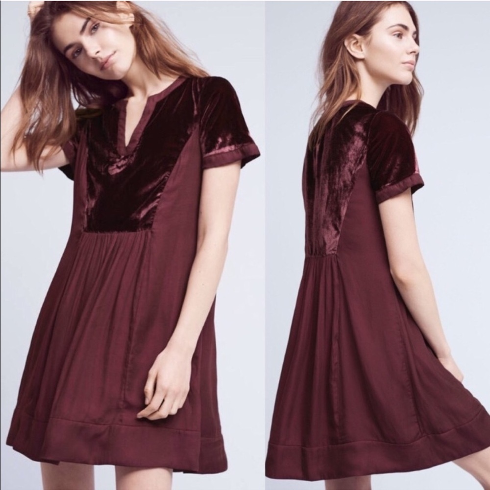 🎉HP! Anthropologie Maeve Burgundy Velvet Dress
